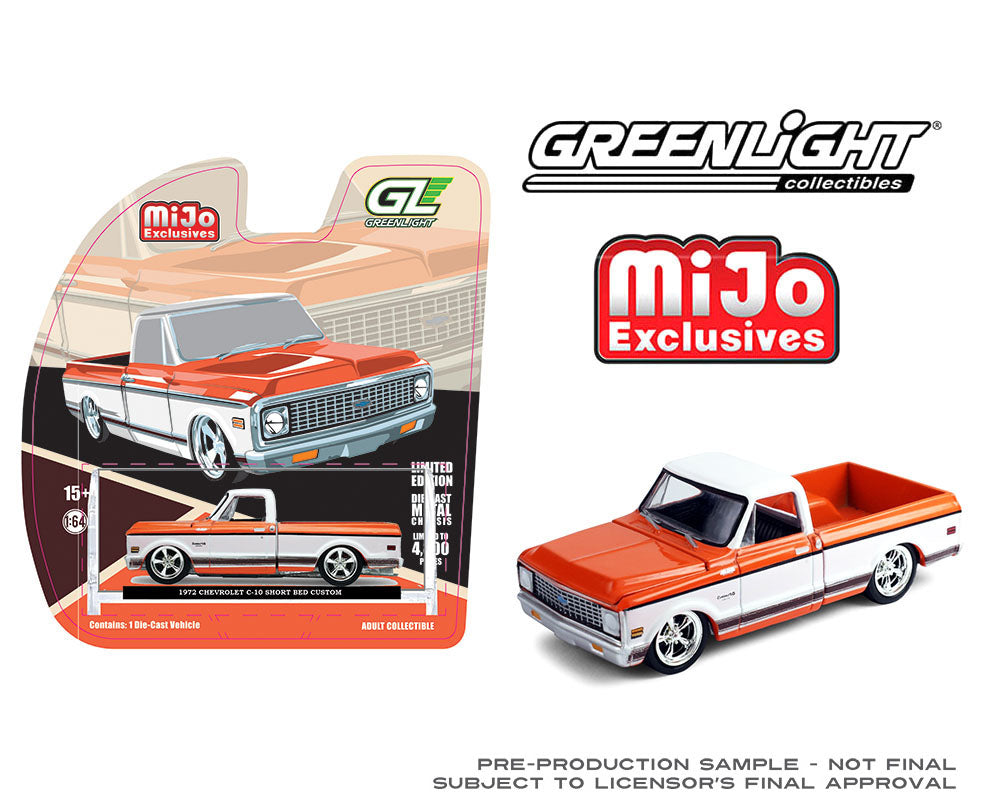 (Preorder) Greenlight 1:64 1972 Chevrolet C-10 Short Bed Custom – Orange with White Two-Tone – Mijo Exclusives