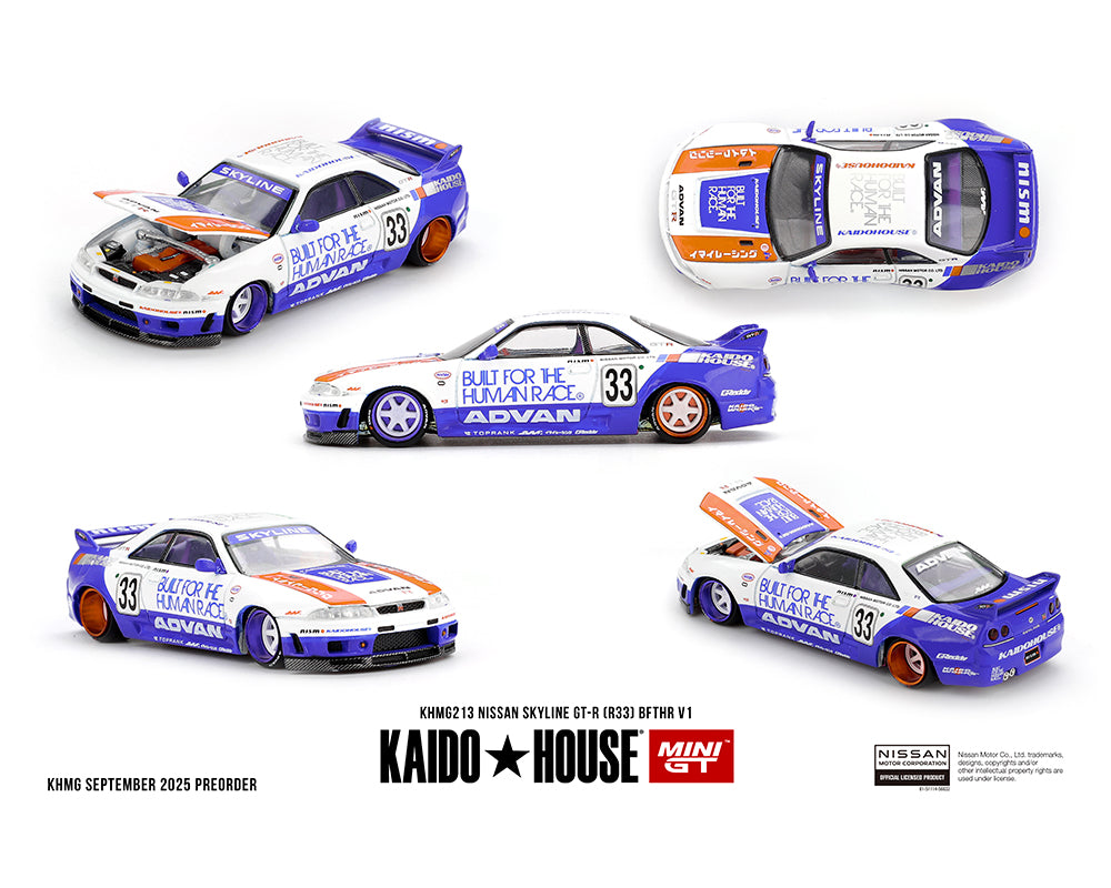 Nissan Skyline GT-R (R33) BFTHR V1 – White w/ Blue Two-tone - Kaido House x Mini GT 1:64