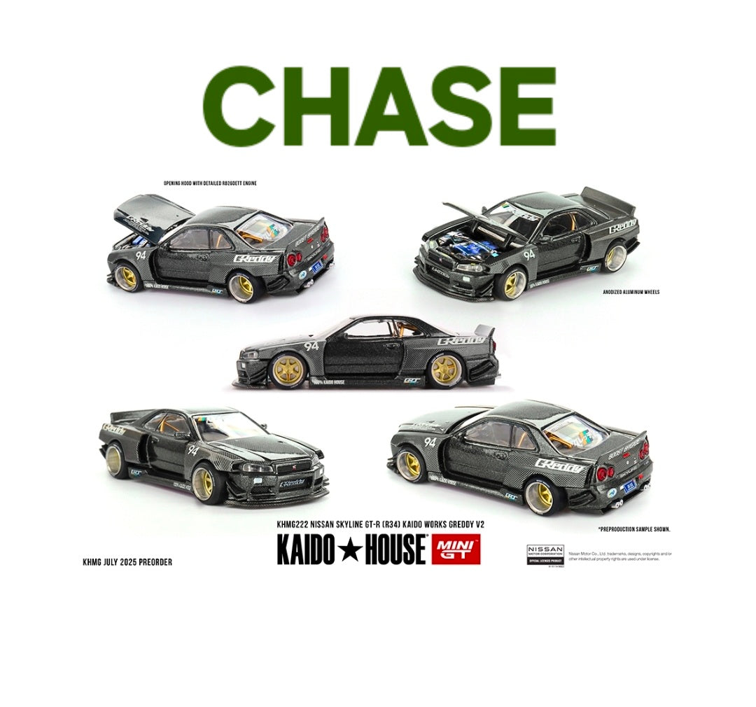 (CHASE) Kaido House x Mini GT 1:64 Nissan Skyline GT-R (R34) Kaido Works GReddy V2 – Black w/ Carbon