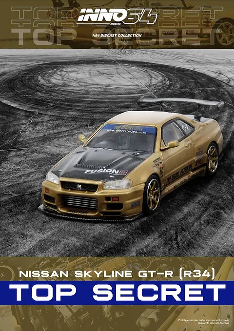 NISSAN SKYLINE GT-R R34 TOP SECRET GOLD INNO64 1:64 SCALE