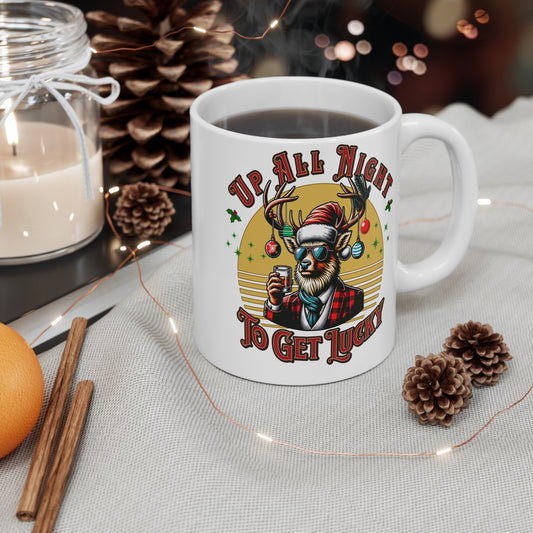Christmas Reindeer Mug — “Up All Night to Get Lucky” Holiday Coffee Cup