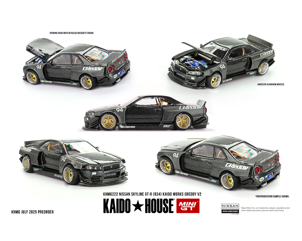 Nissan Skyline GT-R (R34) Kaido Works GReddy V2 – Black w Carbon Kaido House #222 x Mini GT 1:64