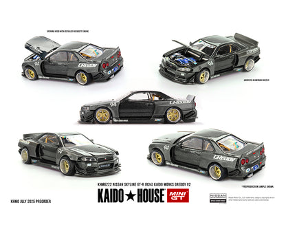 Nissan Skyline GT-R (R34) Kaido Works GReddy V2 – Black w Carbon Kaido House #222 x Mini GT 1:64
