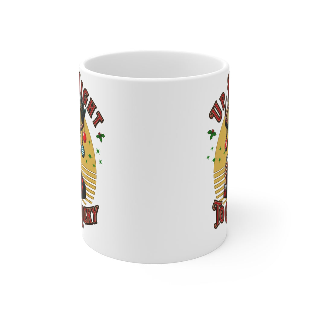 Christmas Reindeer Mug — “Up All Night to Get Lucky” Holiday Coffee Cup
