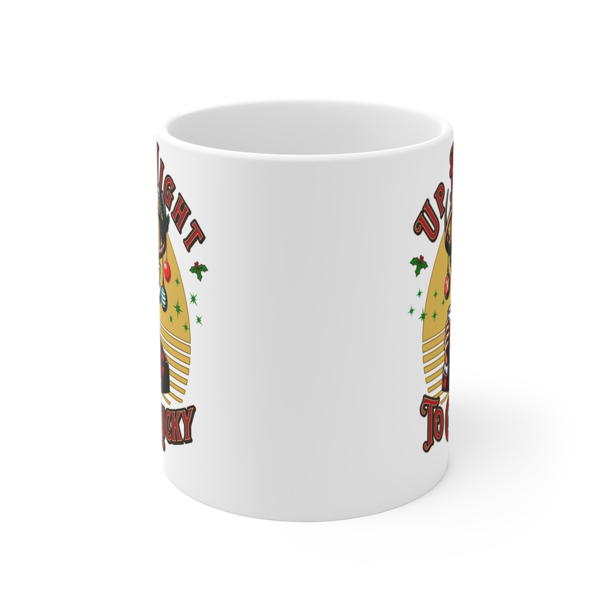 Christmas Reindeer Mug — “Up All Night to Get Lucky” Holiday Coffee Cup