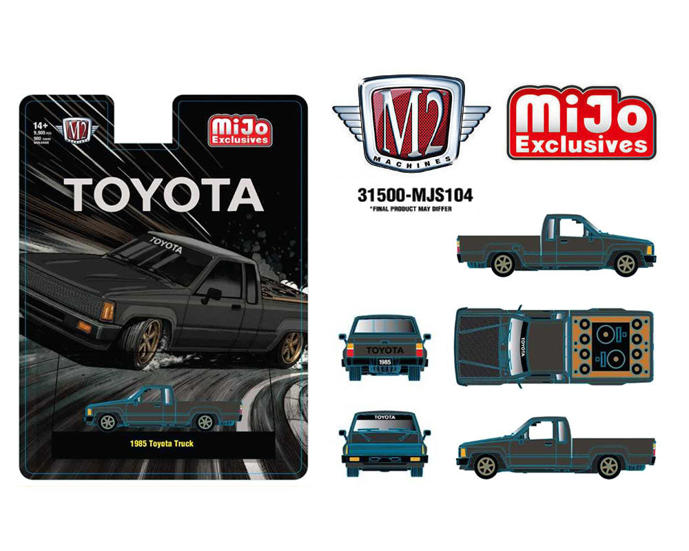 (Preorder) M2 Machines 1:64 1985 Toyota Pickup Truck Slammed Custom – Matte Grey w/ Carbon Hood – MiJo Exclusives