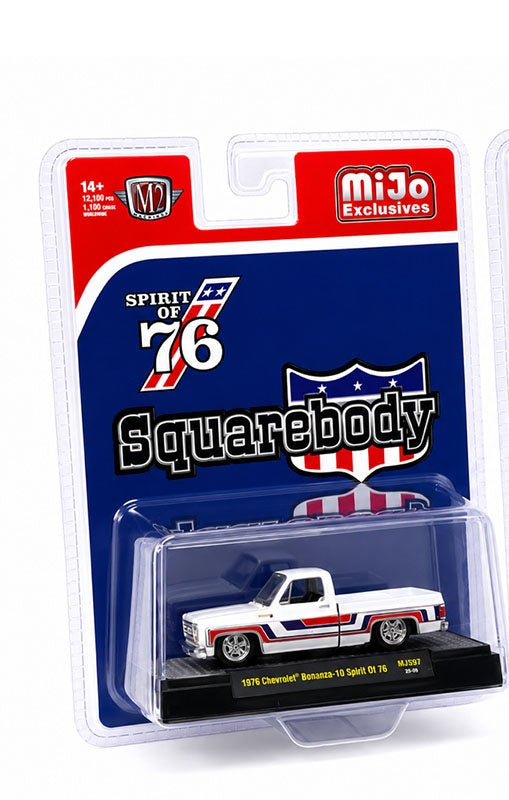 M2 Machines 1:64 1976 Chevrolet Silverado Bonanza-10 SPIRIT OF 76 Squarebody USA Special Edition – White – MiJo Exclusives
