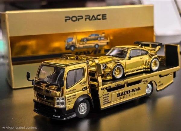 Pop Race 1:64 Porsche RWB 930 & RWB Truck Chrome Gold RWB Set HEC 2026