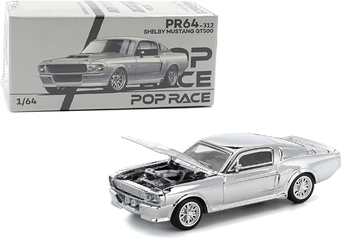 FORD SHELBY MUSTANG GT500 - SILVER CHROME PR640312 POP RACE 1:64 DIECAST MODEL