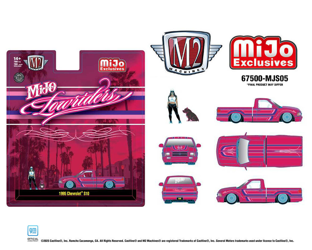 (Preorder) M2 Machines 1:64 Diorama Series 1995 Chevrolet S10 Lowriders with Girl & Pitbull Dog Figures – Pink – Mijo Exclusives