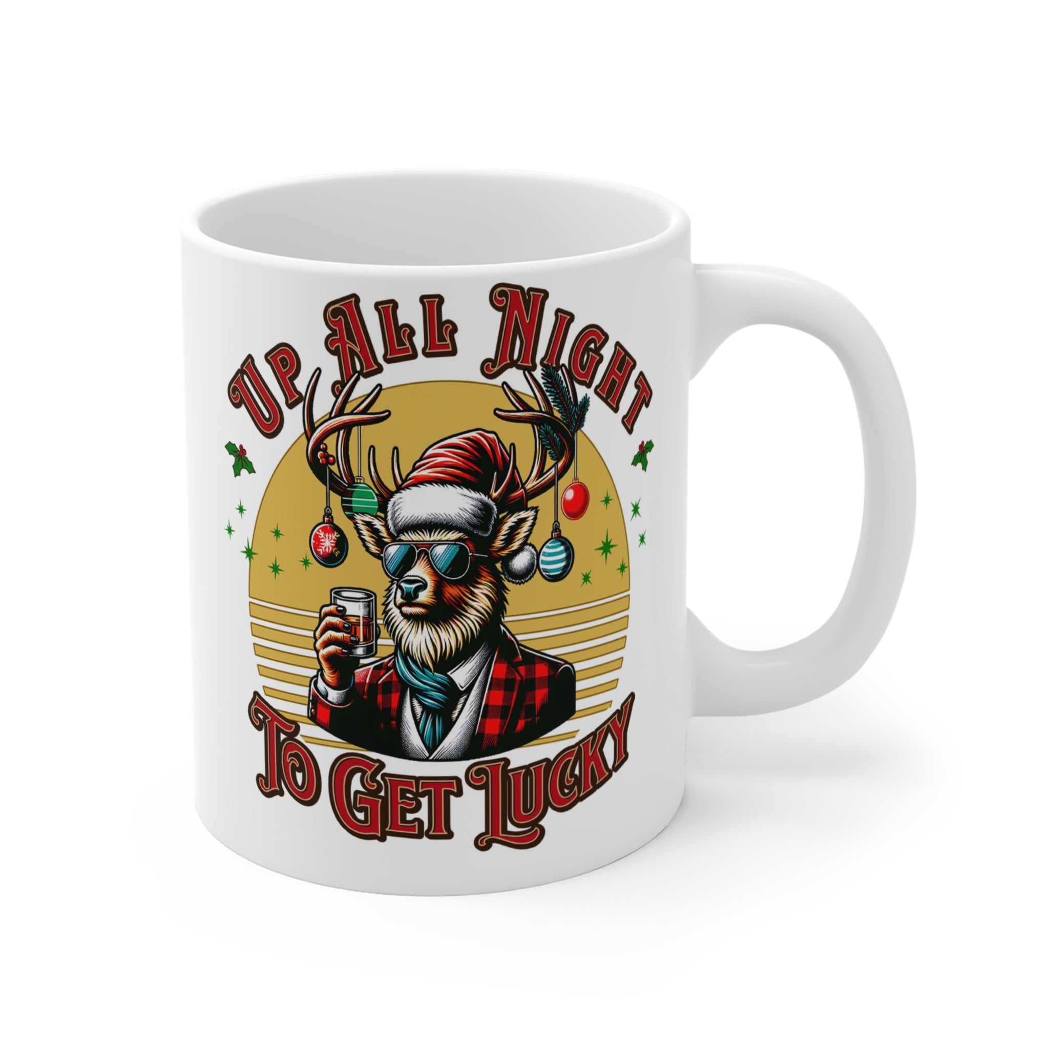 Christmas Reindeer Mug — “Up All Night to Get Lucky” Holiday Coffee Cup