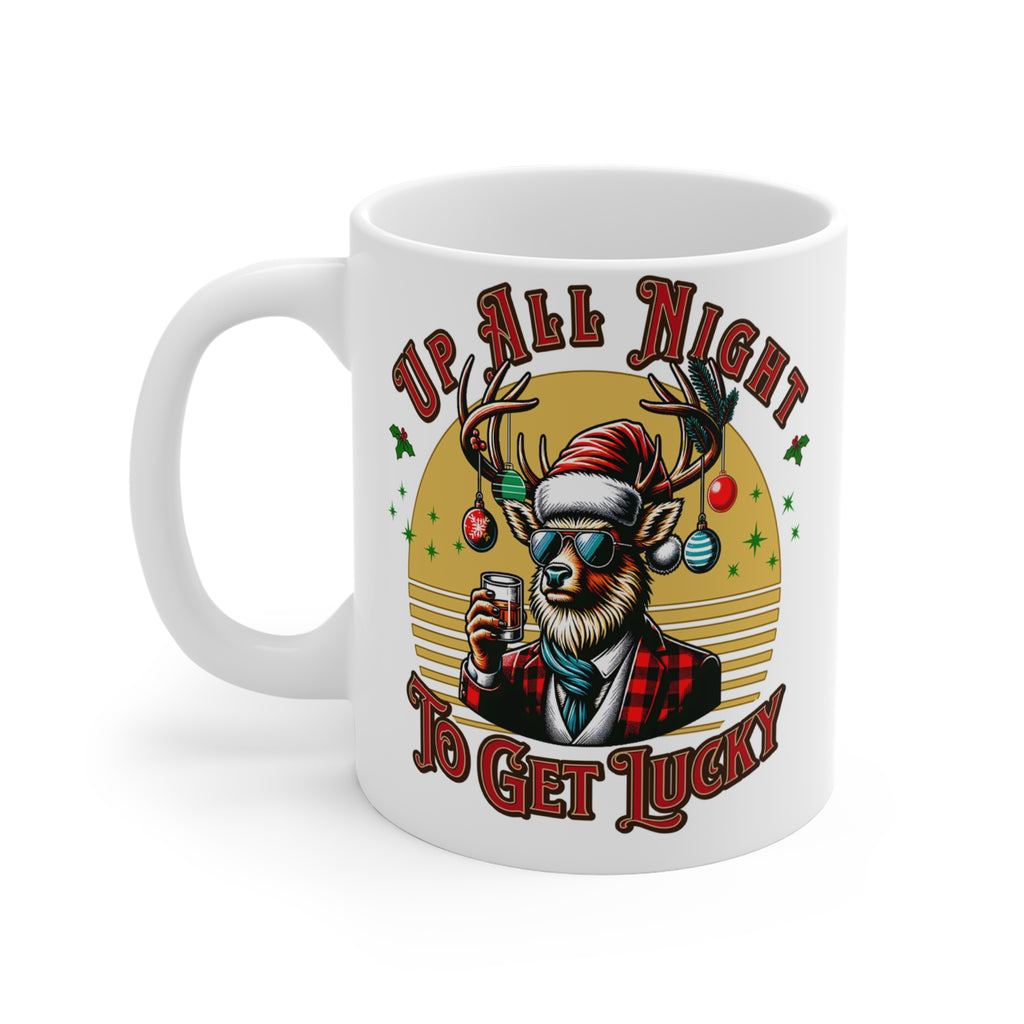 Christmas Reindeer Mug — “Up All Night to Get Lucky” Holiday Coffee Cup