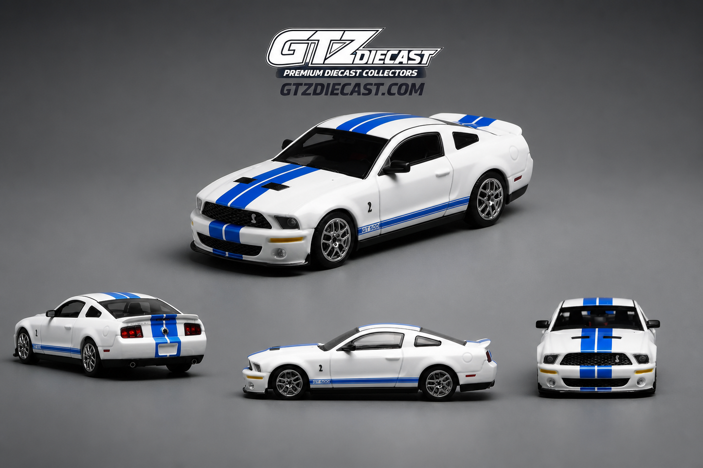 Ford Mustang Shelby GT500 2007 White with Blue Stripe GL-1251005C Motorhelix x Greenlight 1:64