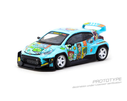 (COMING SOON) Tarmac Works HOBBY64 164 Pandem Toyota GR Yaris Toy Story - 30th Anniversary Model Car + Trading Cards Combo Set T64-080-TS2
