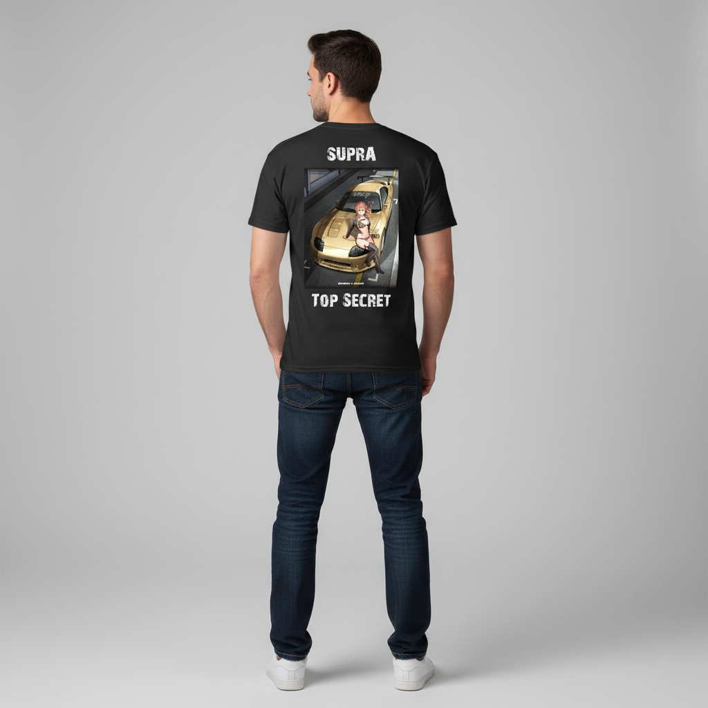 Guy posing in Supra Top Secret T-Shirt showing back design