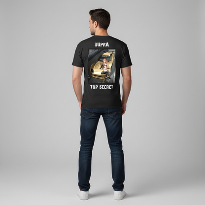 Guy posing in Supra Top Secret T-Shirt showing back design