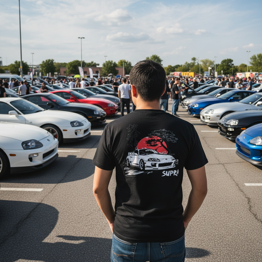 Guy posing in Toyota Supra t-shirt at car meet