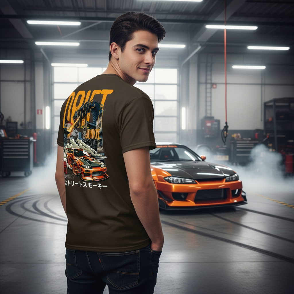 Guy showing back of Drift King T-Shirt