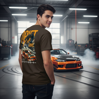 Guy showing back of Drift King T-Shirt
