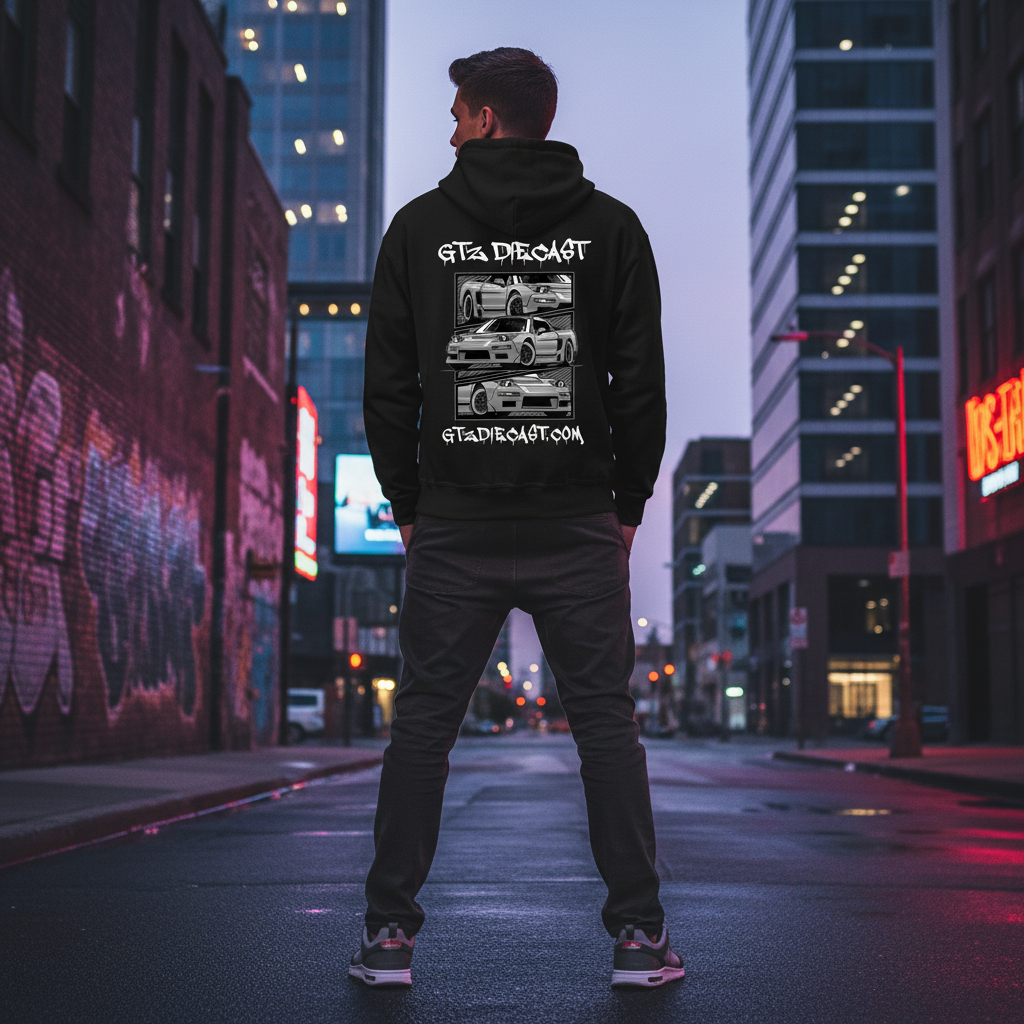 Guy showing back of GTZ DIECAST HOODIE
