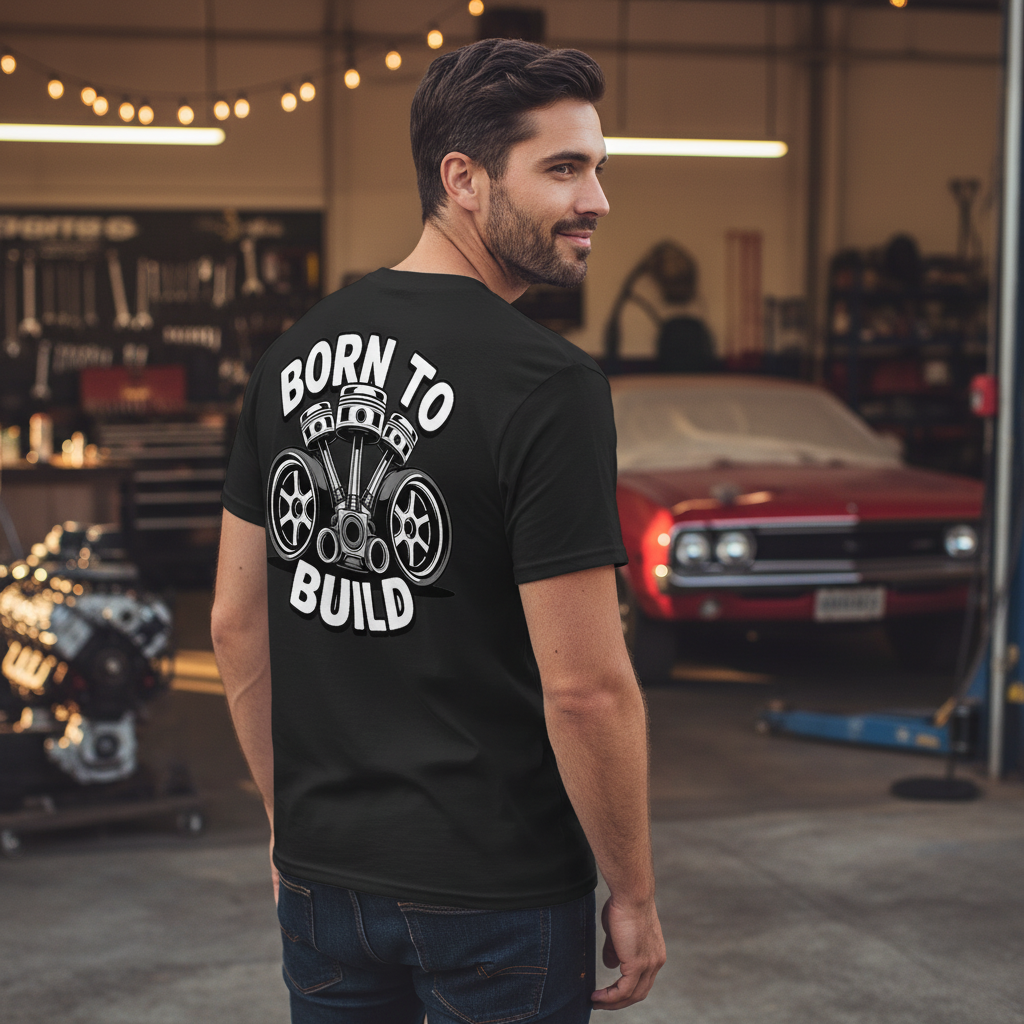 Guy wearing Born To Build black t-shirt
