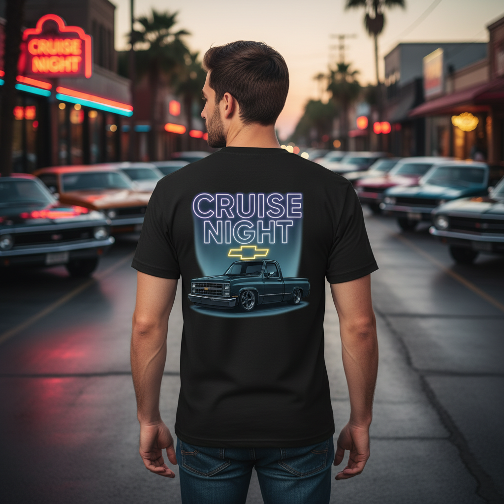 Man modeling Cruise Night Chevy black t-shirt from back