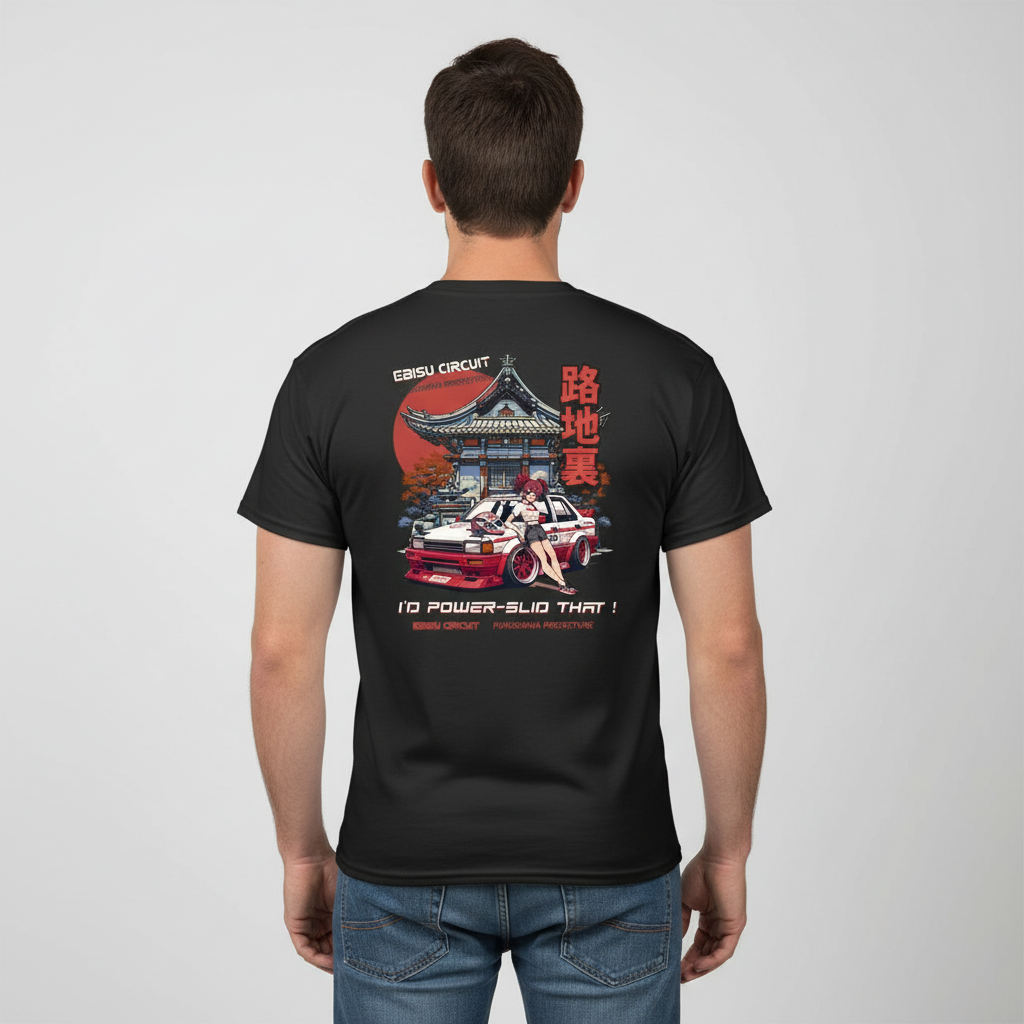 Person wearing black EBISU CIRCUIT T-SHIRT from behind