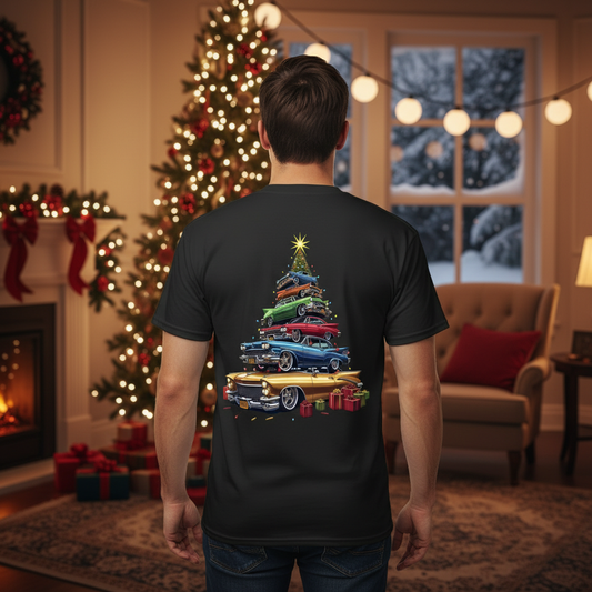 Person wearing Lowrider X-Mas tree T-Shirt with Christmas background