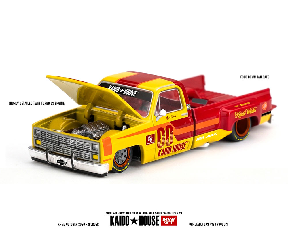 (Preorder) Kaido House x Mini GT Chevrolet Silverado Dually Kaido Racing Team V1 – Yellow Red Two- Tone