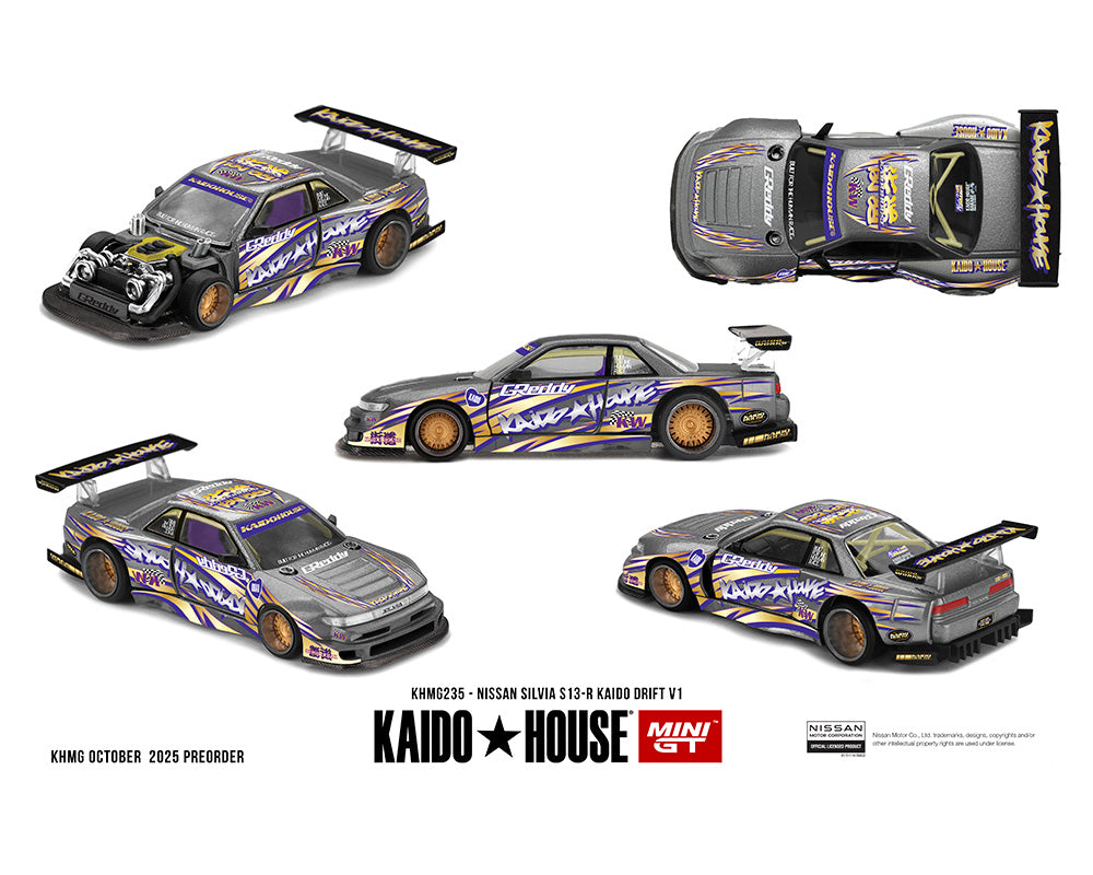 Nissan Silvia S13-R Kaido Drift V1 Greddy – Gunmetal Gray - Kaido House x Mini GT 1:64