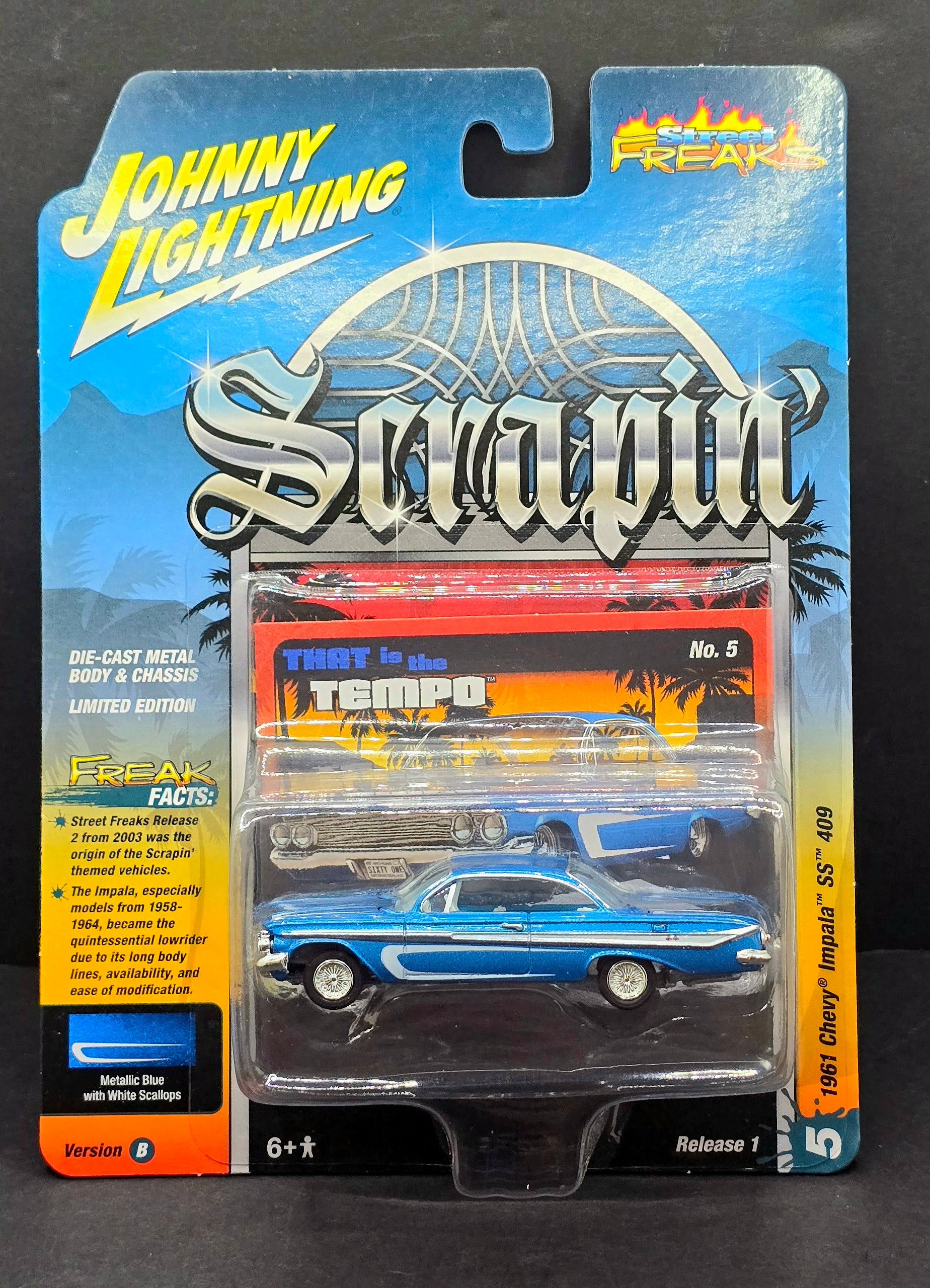 Johnny Lightning Street Freaks 1961 Chevy Impala SS 409 (Scrapin’) (Metallic Blue w/White) 1:64 Scale Diecast