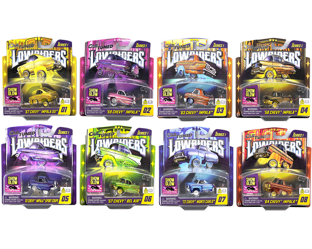 (Preorder) CarTuned 1:64 Lowriders SHOW GLOW Series 1 Assortment of 8 Styles 2025 – L.E.D. Light Up Chassis