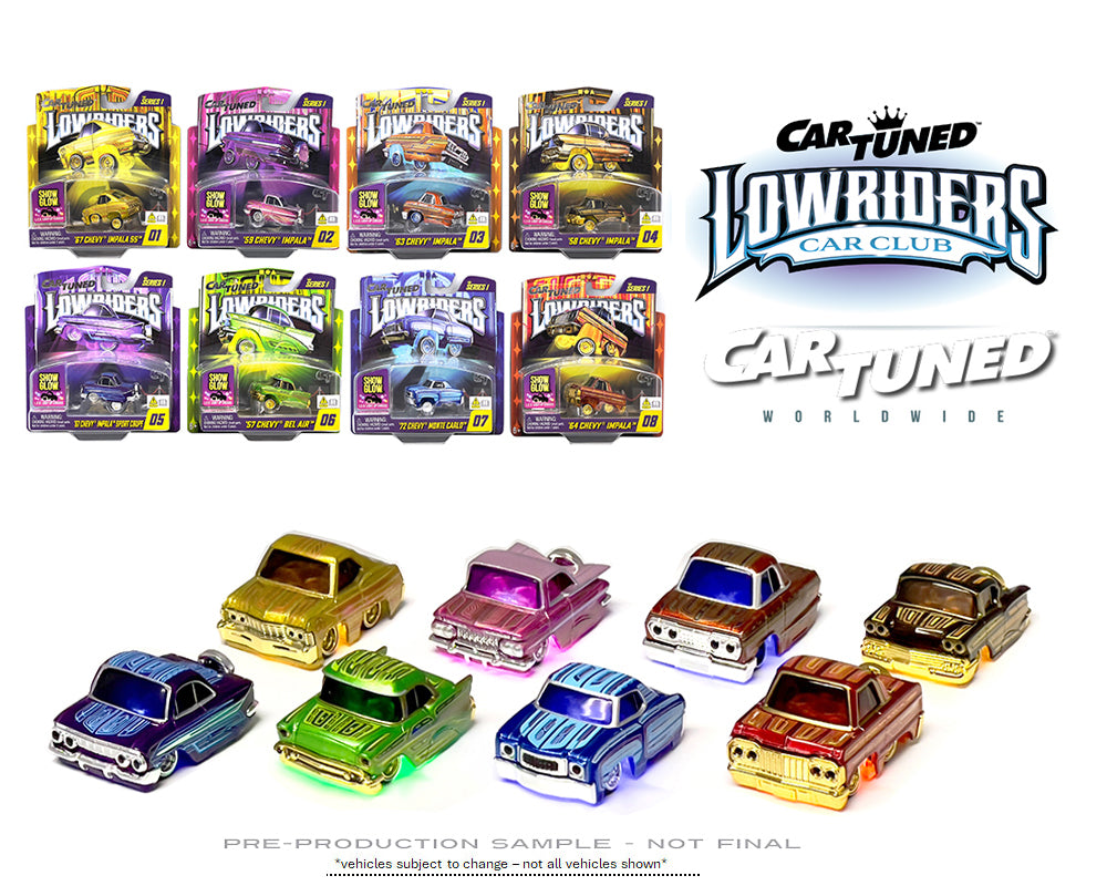 (Preorder) CarTuned 1:64 Lowriders SHOW GLOW Series 1 Assortment of 8 Styles 2025 – L.E.D. Light Up Chassis