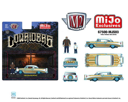 (Preorder) M2 Machines 1:64 Diorama Series 1956 Chevrolet Bel Air Lowriders with 2 Dad & Son Figures – Beige Gold – Mijo Exclusives
