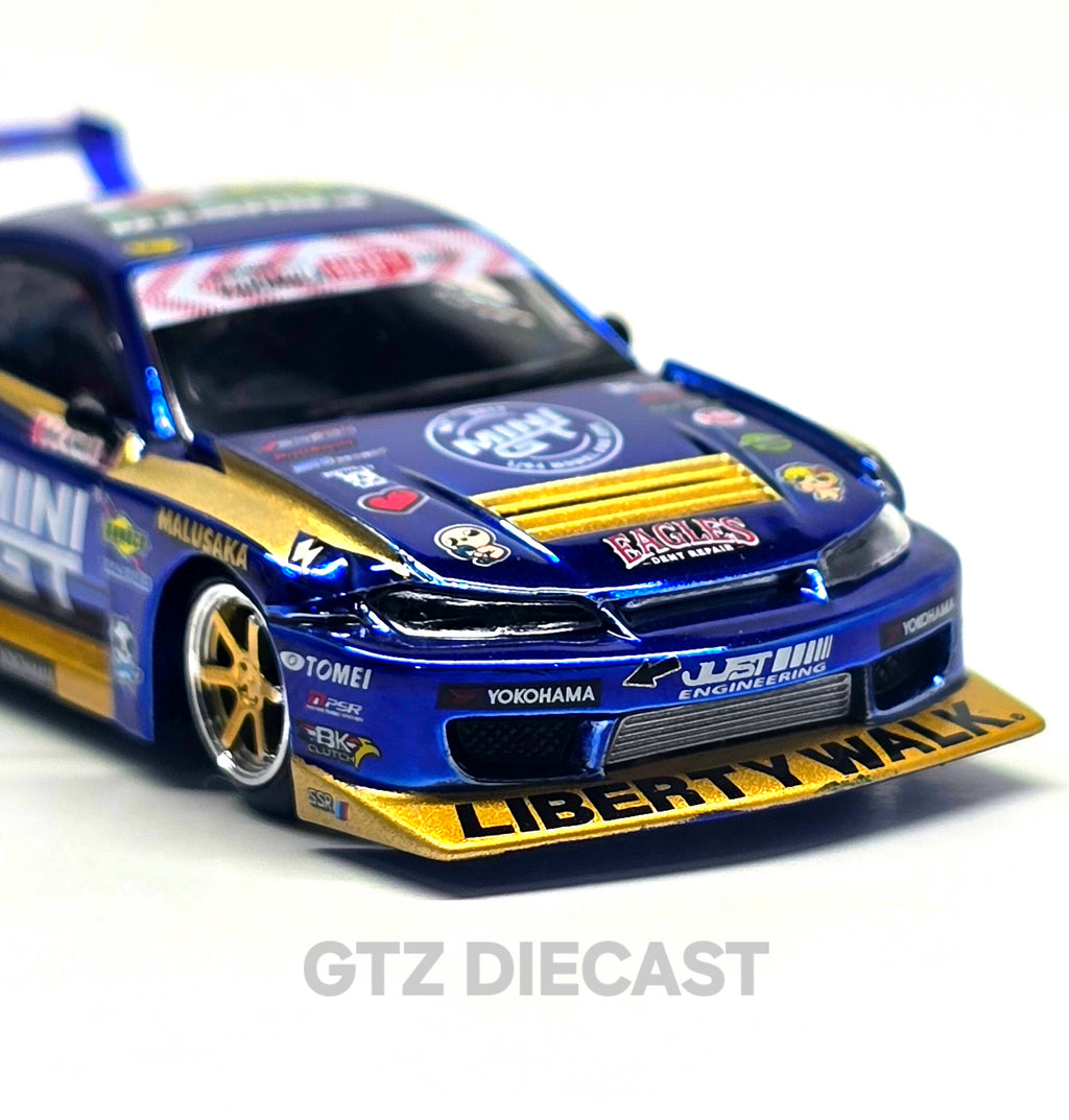 Mini GT #1157 1:64 Nissan LB-Super Silhouette S15 SILVIA #555 Team MINI GT Liberty Walk 2025 Formula Drift – Chrome Blue