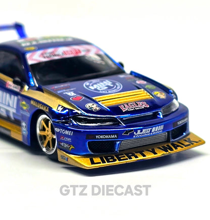 Mini GT 1:64 Nissan LB-Super Silhouette S15 SILVIA #555 Team MINI GT Liberty Walk 2025 Formula Drift – Chrome Blue