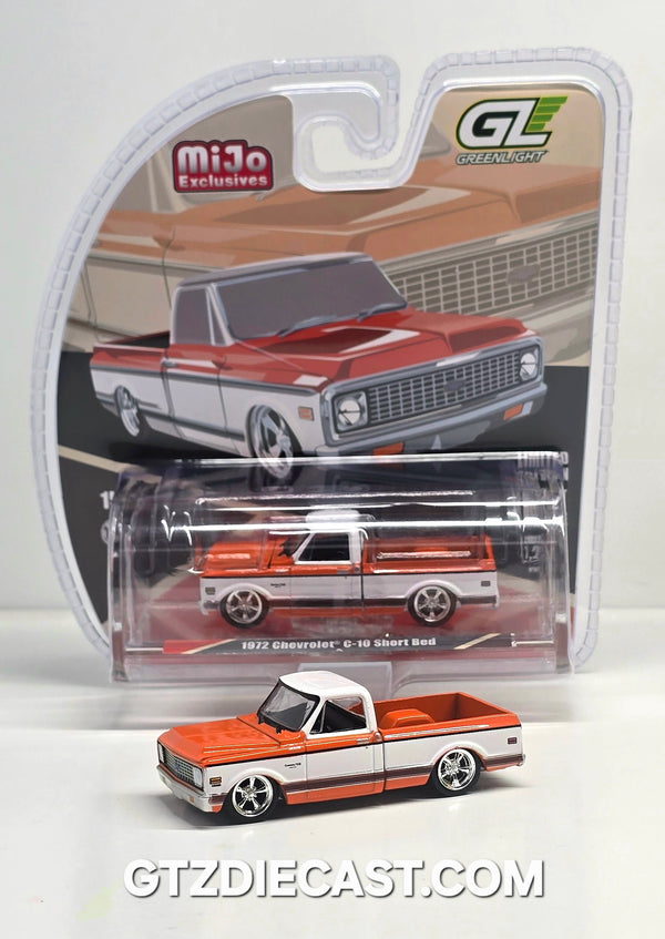Greenlight 1:64 1972 Chevrolet C-10 Short Bed Custom – Orange with White Two-Tone – Mijo Exclusives