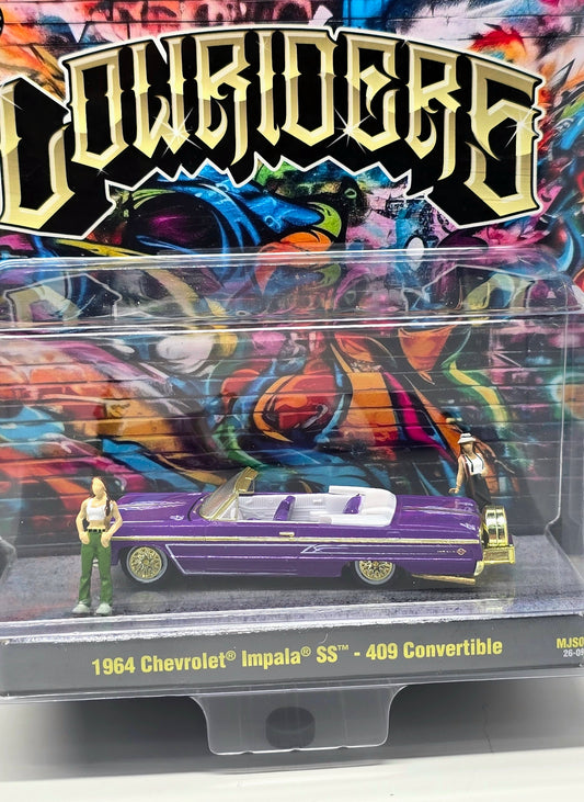 (CHASE) M2 Machines 1:64 Diorama Series 1964 Chevrolet Impala SS Convertible Top-Down Lowriders with 2 Ladies Figures – Metallic Purple – Mijo Exclusives