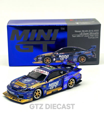 Mini GT 1:64 Nissan LB-Super Silhouette S15 SILVIA #555 Team MINI GT Liberty Walk 2025 Formula Drift – Chrome Blue
