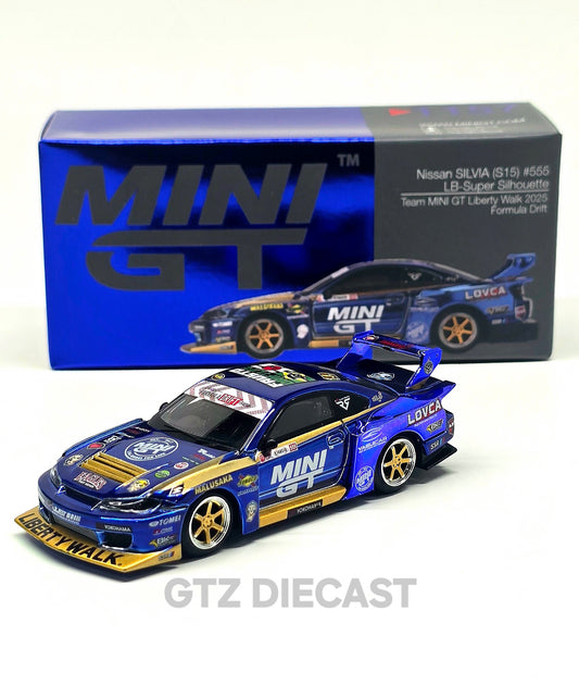 Mini GT #1157 1:64 Nissan LB-Super Silhouette S15 SILVIA #555 Team MINI GT Liberty Walk 2025 Formula Drift – Chrome Blue