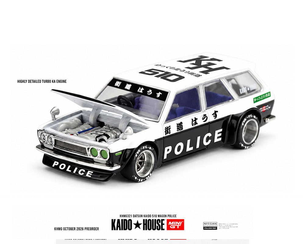 (Preorder) Kaido House x Mini GT Datsun KAIDO 510 Wagon Police – Black White Two-Tone