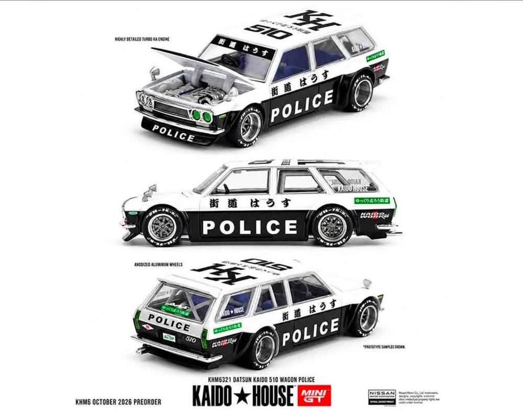 (Preorder) Kaido House x Mini GT Datsun KAIDO 510 Wagon Police – Black White Two-Tone