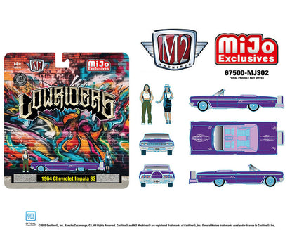 M2 Machines 1:64 Diorama Series 1964 Chevrolet Impala SS Convertible Top-Down Lowriders with 2 Ladies Figures – Metallic Purple – Mijo Exclusives