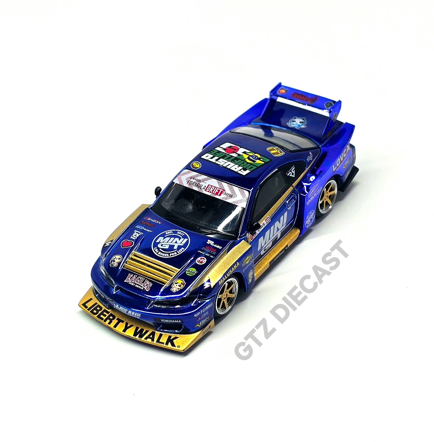 Mini GT 1:64 Nissan LB-Super Silhouette S15 SILVIA #555 Team MINI GT Liberty Walk 2025 Formula Drift – Chrome Blue