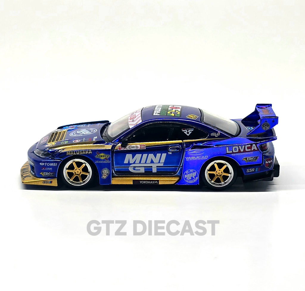 Mini GT #1157 1:64 Nissan LB-Super Silhouette S15 SILVIA #555 Team MINI GT Liberty Walk 2025 Formula Drift – Chrome Blue