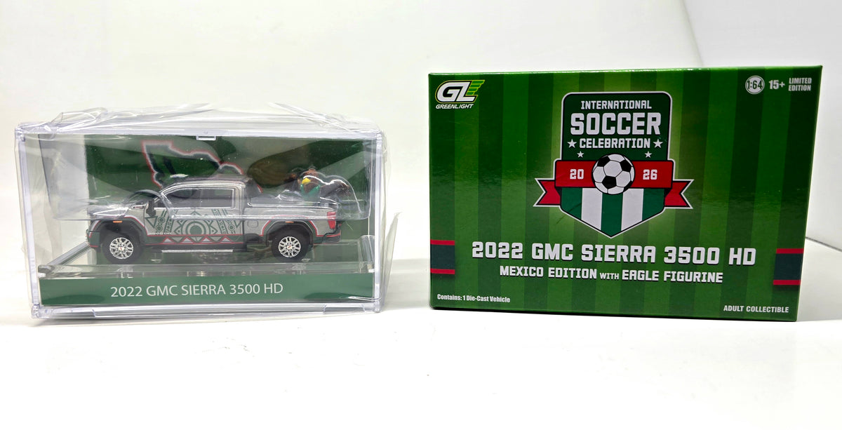 Greenlight 1:64 2022 GMC Sierra 3500 HD Mexico Tribute FIFA Chase (Raw Version)