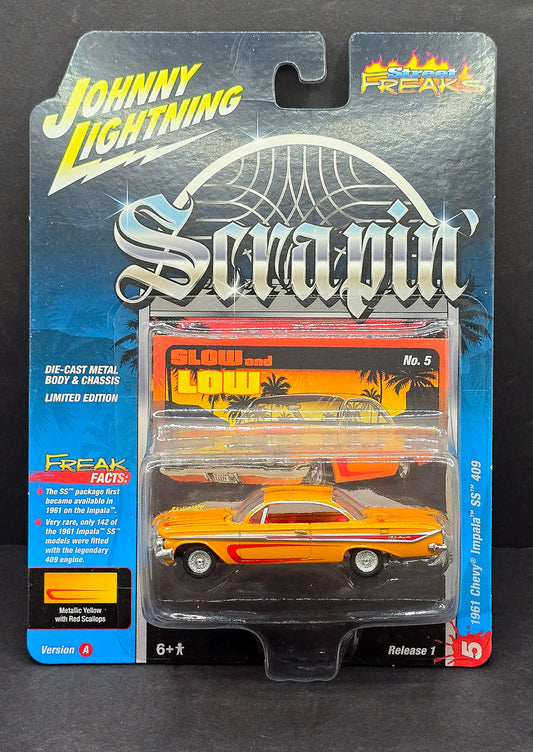 JOHNNY LIGHTNING 1961 Chevy Impala SS 409 Yellow Lowrider 1:64 Diecast Scrapin