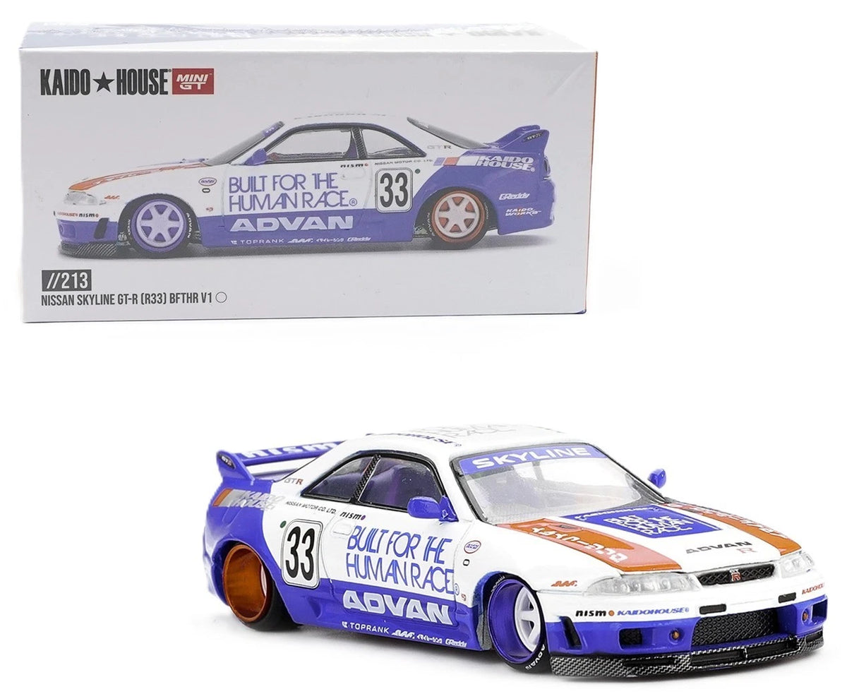 Nissan Skyline GT-R (R33) BFTHR V1 – White w/ Blue Two-tone - Kaido House x Mini GT 1:64