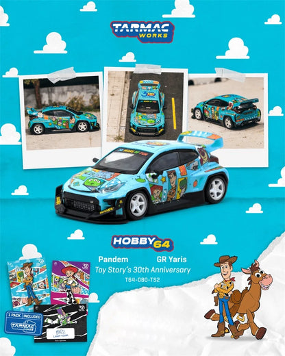 (COMING SOON) Tarmac Works HOBBY64 164 Pandem Toyota GR Yaris Toy Story - 30th Anniversary Model Car + Trading Cards Combo Set T64-080-TS2