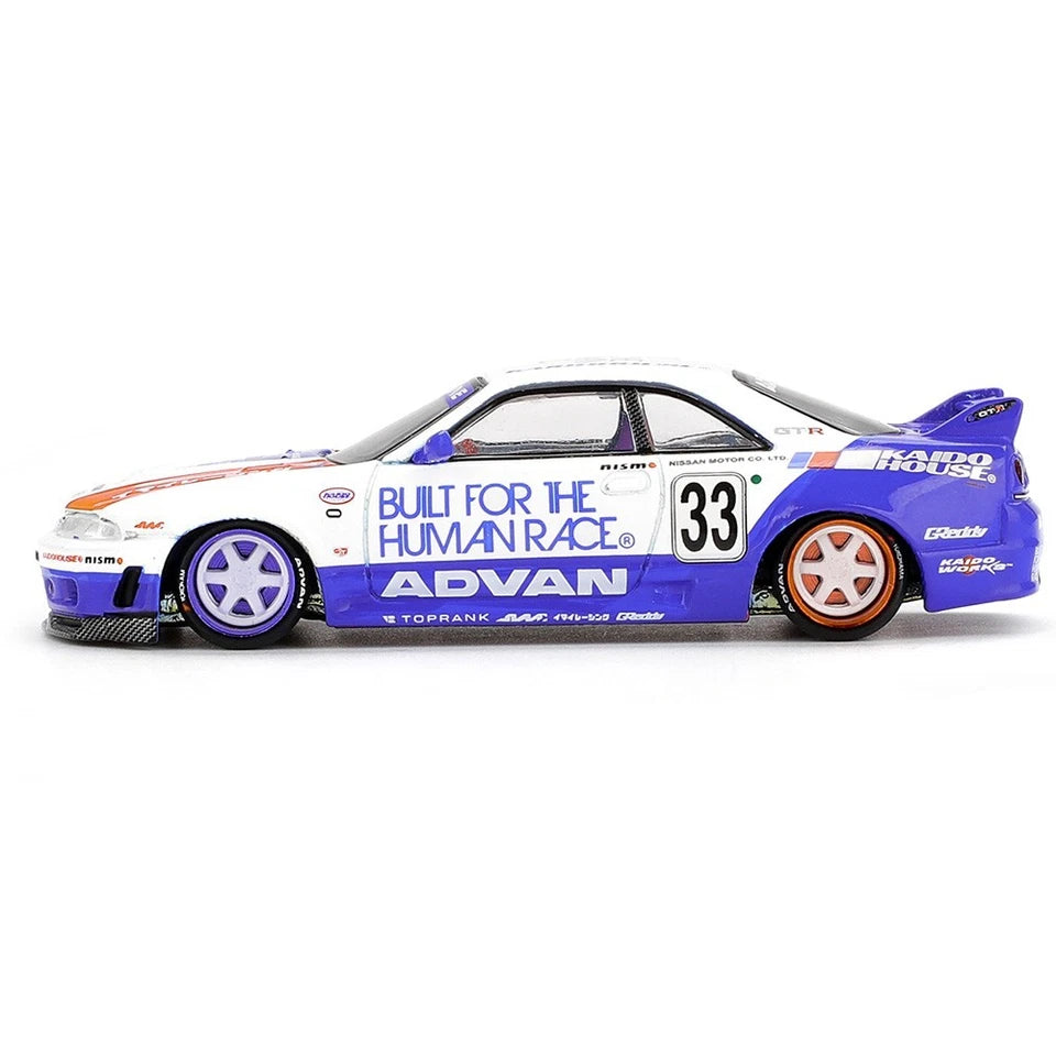 Nissan Skyline GT-R (R33) BFTHR V1 – White w/ Blue Two-tone - Kaido House x Mini GT 1:64